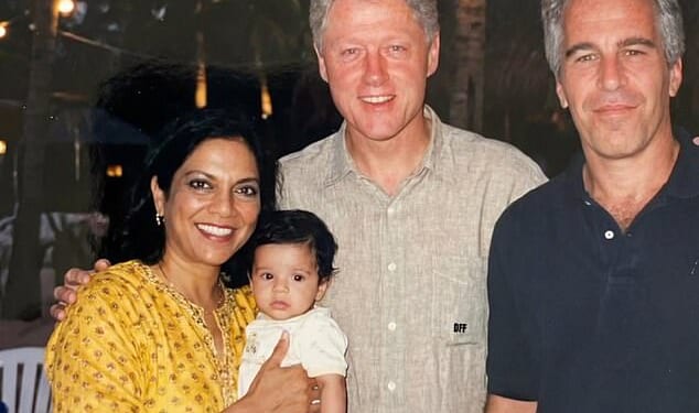 A fake image edited with artificial intelligence showing Mayor Zohran Mamdani as a child with his mother, Mira Nair, next to Bill Clinton and Jeffrey Epstein