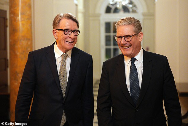 No10 said Sir Keir Starmer was 'appalled' by the revelations regarding Mandelson. Pictured: Starmer (R) talks with Peter Mandelson during a welcome reception at the ambassador's residence on February 26, 2025 in Washington, DC