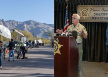 TV crews, left, have been stationed outside Nancy Guthrie's home in Tucson, Arizona, as law enforcement officials, including Pima County Sheriff, Chris Nanos and FBI assistant special agent in-charge Jon Edwards, right, have been updating reporters on the missing persons case.