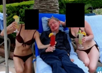 Professor Stephen Hawking was seen grinning from ear to ear as he sat sandwiched between two bikini-clad women in a photo released in the Jeffrey Epstein files