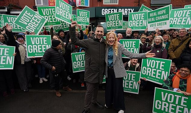 Green Party candidate Hannah Spencer won in the Gorton Denton by-election this week (pictured with her party leader, Zack Polanski)
