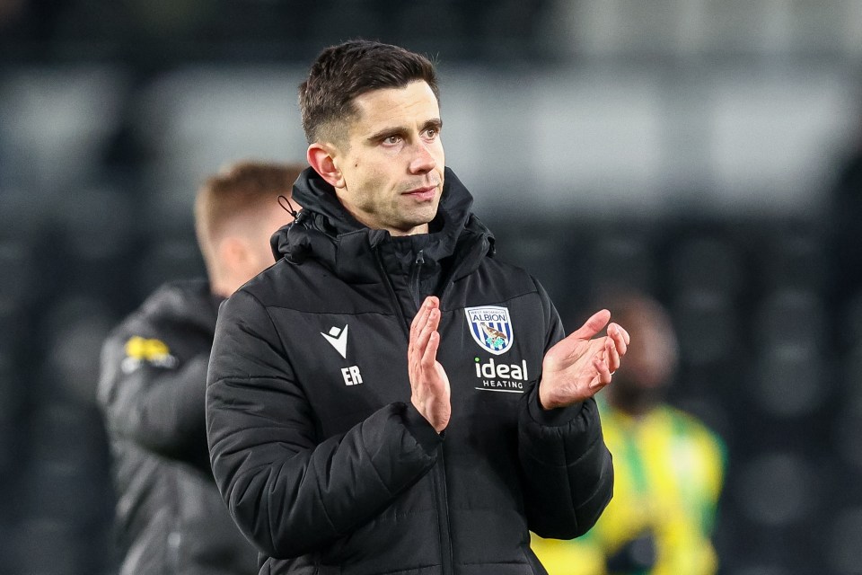 Eric Ramsay, manager of West Bromwich Albion, thanks fans at full-time during a Sky Bet Championship match.