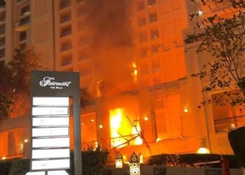 Dramatic footage and images have captured the moment the five-star Palm Jumeirah Fairmont Hotel was hit and set ablaze by an Iranian missile