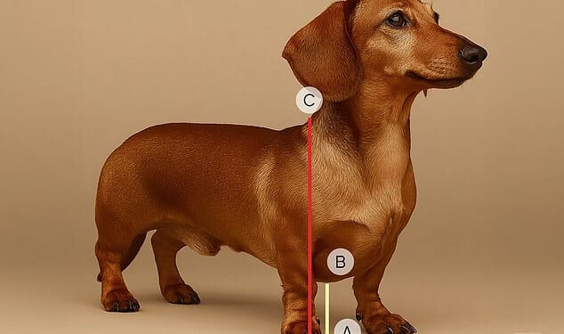 A healthy dog should have enough ground clearance to move freely, which means the distance from its chest to the ground should be at least one¿third of its height, unlike some Dachshunds