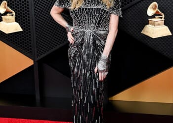 Rock concert or the Grammy Awards? Rita Wilson looked like she was headed off to a heavy metal concert as she donned a black gown adorned with silver sequins all around the skirt and bust. The top of the dress featured a short-sleeve cape, which was also decorated with silver sequins and beading. She accessorized with a pair of silver, fingerless gloves and wore heavy eye makeup