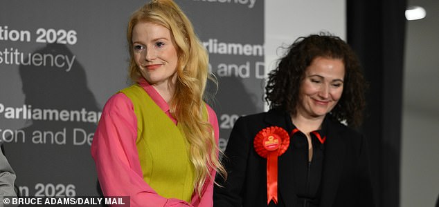 Gorton and Denton By-Election count- By Election winner Green Party candidate Hannah Spencer at Manchester Central Convention Complex.- Pic Bruce Adams / Copy Hardman - 26/2/26