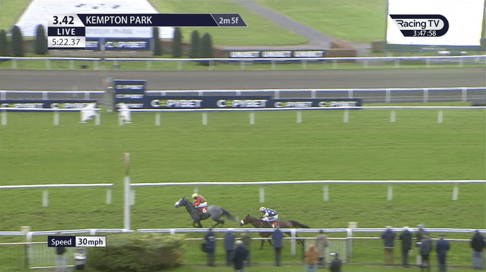 Two horses and their jockeys racing on a green track at Kempton Park, with a small crowd watching from behind a fence.