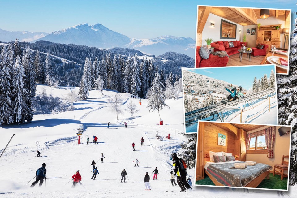 Collage of a snowy mountain ski slope with many skiers, a cozy living room with a red sectional sofa, two people riding an alpine coaster through a snowy village, and a wooden-paneled bedroom.