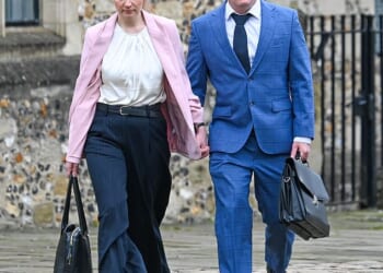 Christopher Trybus, pictured outside Winchester Crown Court on Friday with his new wife Bea