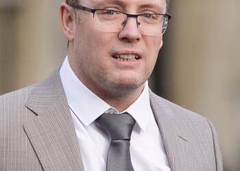 Christopher Trybus, pictured outside Winchester Crown Court on February 25, 2026, is charged with the manslaughter of Tarryn Baird