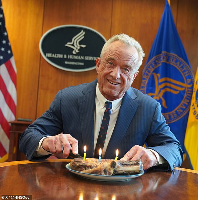 The Health and Human Services Secretary is famous for his meat-heavy diet. He is shown above enjoying a steak for his 72nd birthday this week