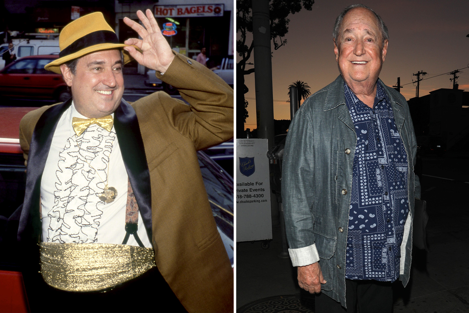 Collage of Neil Sedaka in a fedora, tuxedo shirt, bow tie, and gold cummerbund, next to a photo of him smiling in a denim jacket and patterned blue shirt.