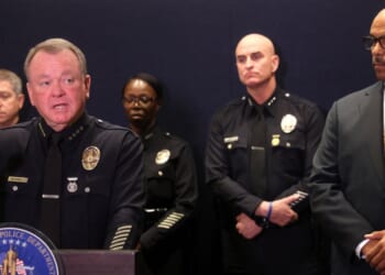 LAPD Chief Jim McDonnell holds a news conference to announce that crime in Los Angeles fell nearly across the board in 2025 at the Los Angeles Police Department Headquarters in downtown Los Angeles on Jan. 29, 2026.