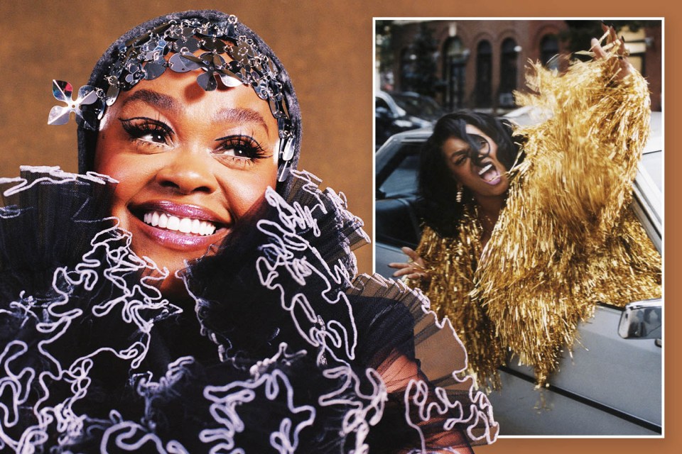 Collage of Jill Scott smiling in a black ruffled top and a metallic headpiece, and a second image of her in a gold tinsel jacket leaning out of a car.