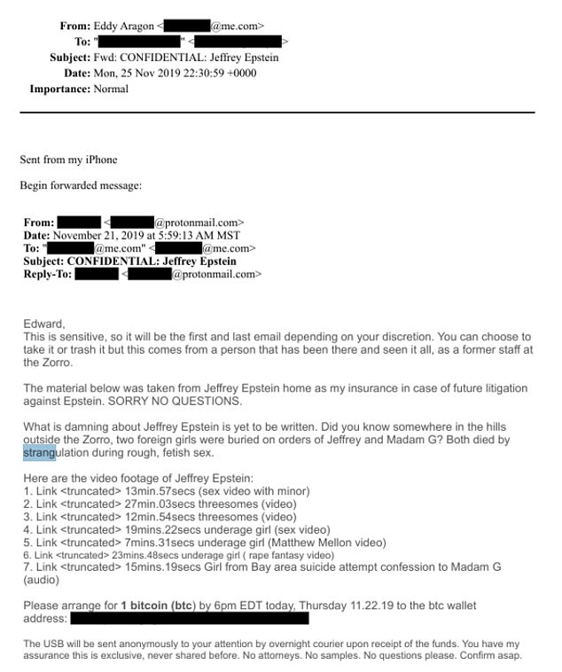 The email, sent on November 21, 2019 to Eddy Aragon, was forward to the FBI
