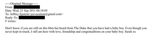 Epstein's friend Sarah Ferguson congratulated him on having 'had a baby boy'