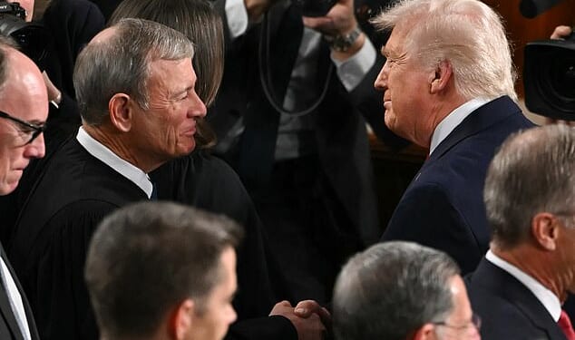 President Donald Trump shared cordial hand shakes with the four Supreme Court justices who attended his State of the Union address on Tuesday