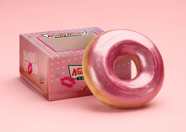 Krispy Kreme Boss Gloss donut box and donut.