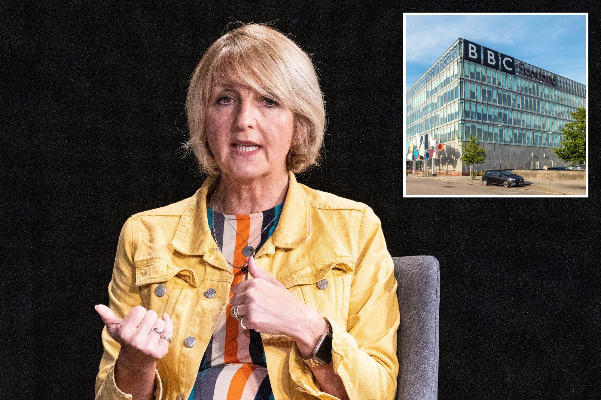 An image collage containing 2 images, Image 1 shows Kaye Adams is interviewed by Iain Dale and Jacqui Smith at the Edinburgh Fringe Festival, Image 2 shows The BBC Scotland headquarters building in Glasgow