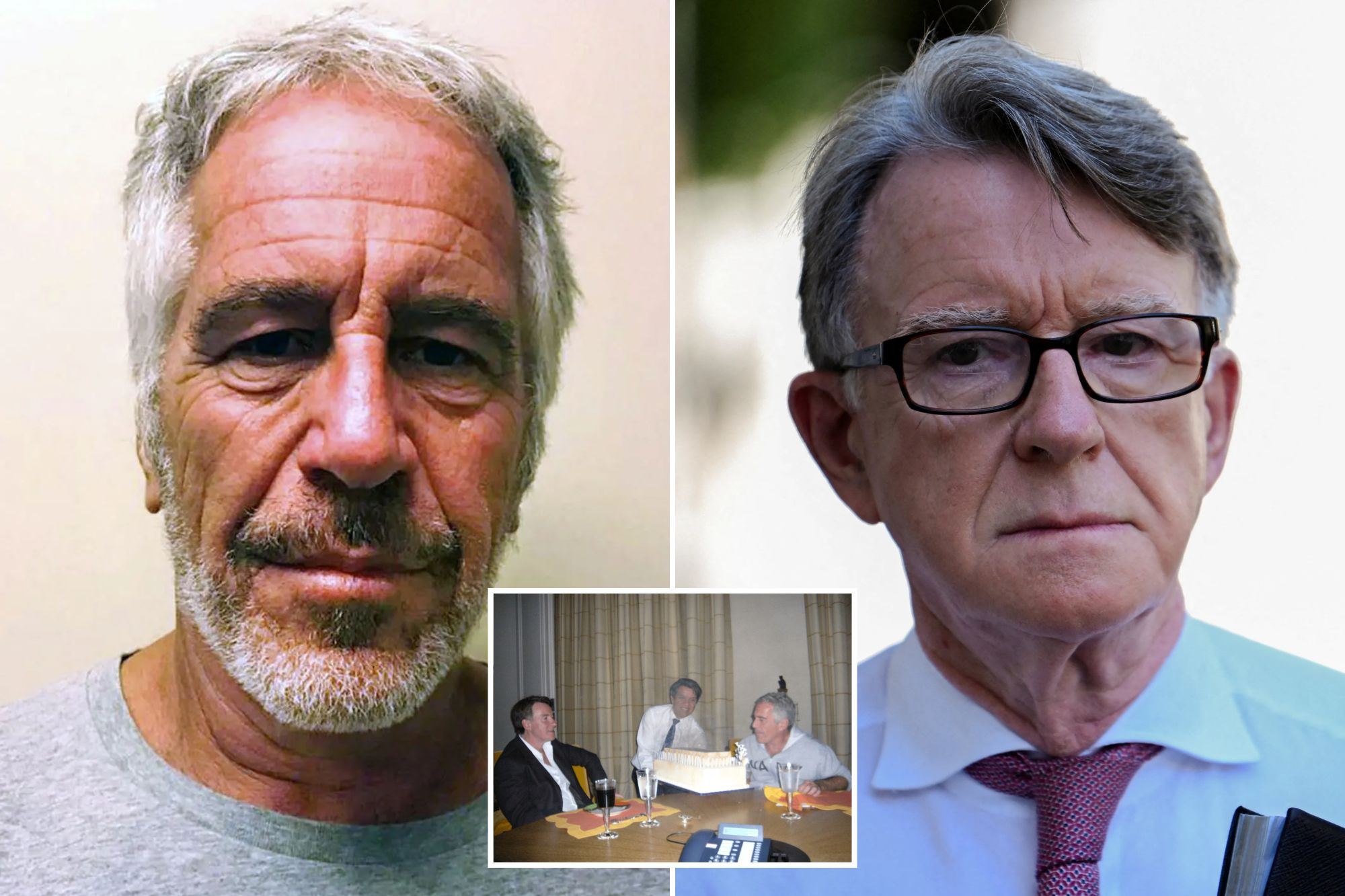 An image collage containing 3 images, Image 1 shows Mugshot of Jeffrey Epstein with short gray hair and a beard, wearing a gray t-shirt, Image 2 shows British Ambassador to the United States Peter Mandelson walking, Image 3 shows Epstein files