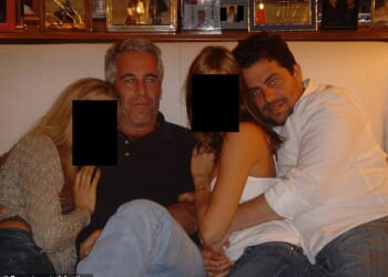 Melania director Brett Ratner (right) embraces a woman he identified as his former 'fiancee' in an undated photograph with serial pedophile Jeffrey Epstein (center left) and another woman. Ratner told Piers Morgan Monday that he only met Epstein that one time