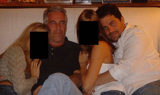Melania director Brett Ratner (right) embraces a woman he identified as his former 'fiancee' in an undated photograph with serial pedophile Jeffrey Epstein (center left) and another woman. Ratner told Piers Morgan Monday that he only met Epstein that one time