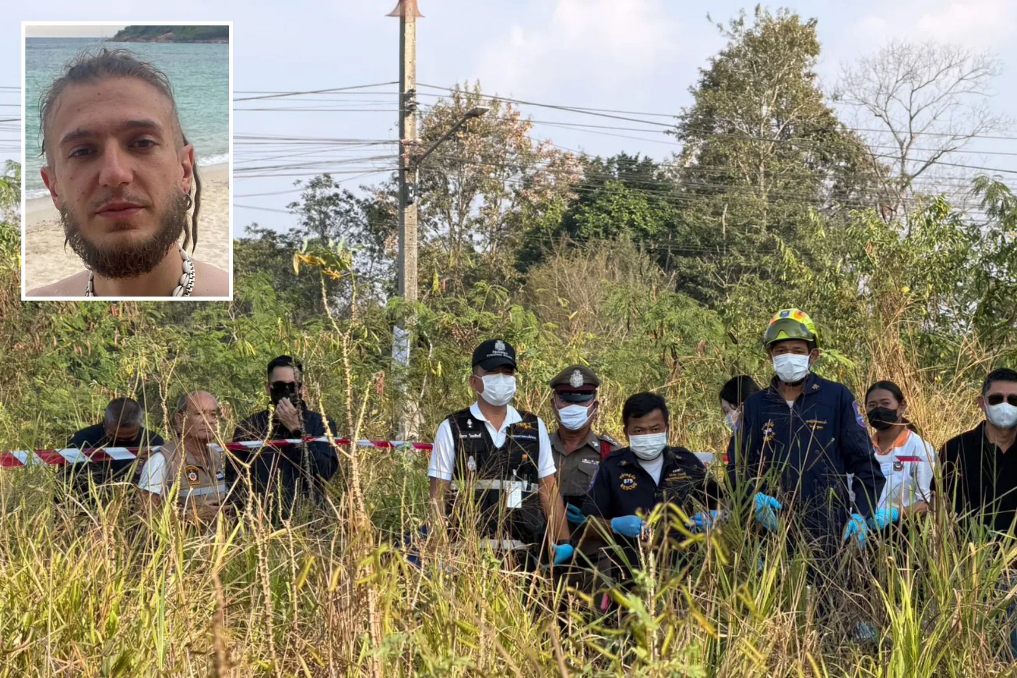 An image collage containing 2 images, Image 1 shows Police officers and investigators wearing masks and gloves examine a grassy area, Image 2 shows Mikhail Emelianov in a close-up photo, with short hair on the sides and long hair on top, a beard, and wearing two necklaces, standing in front of an ocean