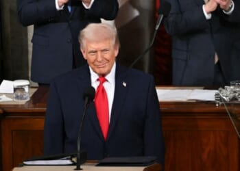 President Donald Trump gives a wry grin as he begins his State of the Union address Tuesday in the Capitol.