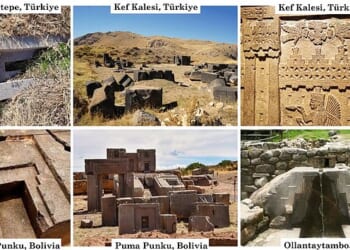 The investigation began after finding recurring giant T-shapes (pictured), three-level indents and step pyramids carved into ancient stones worldwide, patterns he said should not exist across unrelated cultures, suggesting a shared origin rather than independent development.