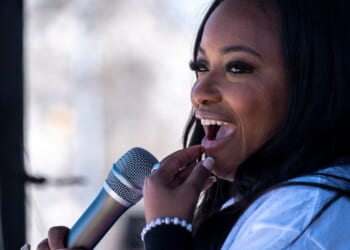 Rep. Jasmine Crockett, a Texas Democrat, speaks Sunday at a campaign rally in San Antonio, Texas. Crockett is facing state Rep. James Talarico in Texas' Democratic Senate primary.