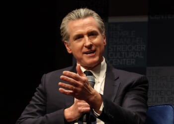 California Gov. Gavin Newsom speaks with Harry Sisson to promote his book, "Young Man in a Hurry," at the Streicker Cultural Center in New York on Feb. 24, 2026.