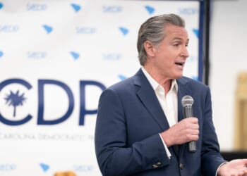 California Gov. Gavin Newsom speaks to a crowd during an event hosted by the South Carolina Democratic Party at the Carter-Sullivan American Legion on Feb. 23, 2026, in Manning, South Carolina.