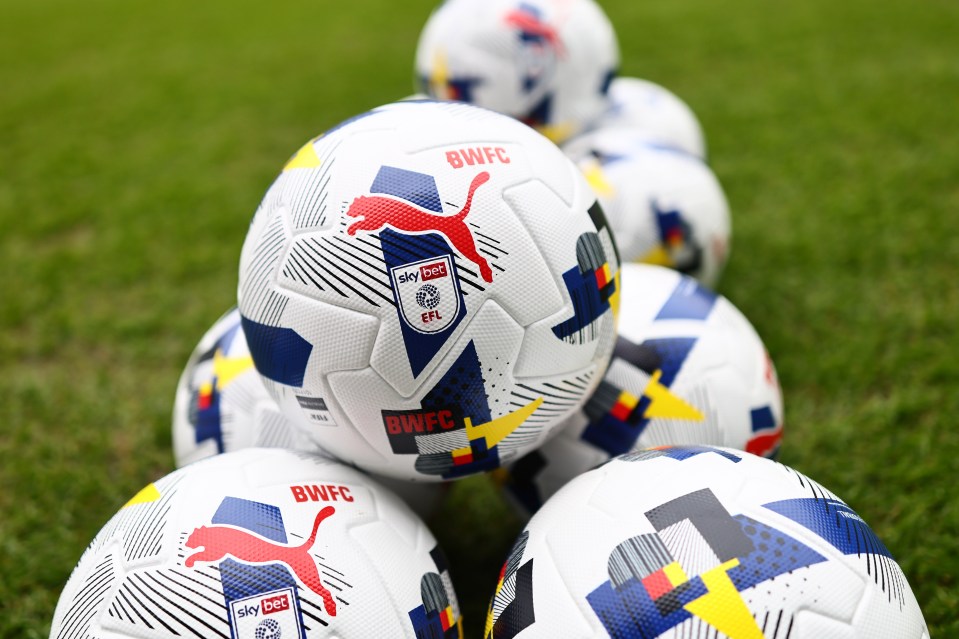 Close-up of multiple Puma EFL footballs on green grass.