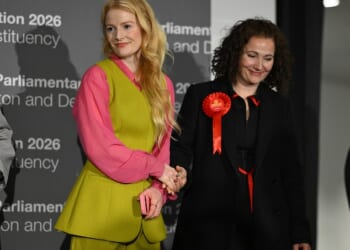 Shake on it: Hannah Spencer and Labour’s Angeliki Stogia during the Gorton and Denton by-election count