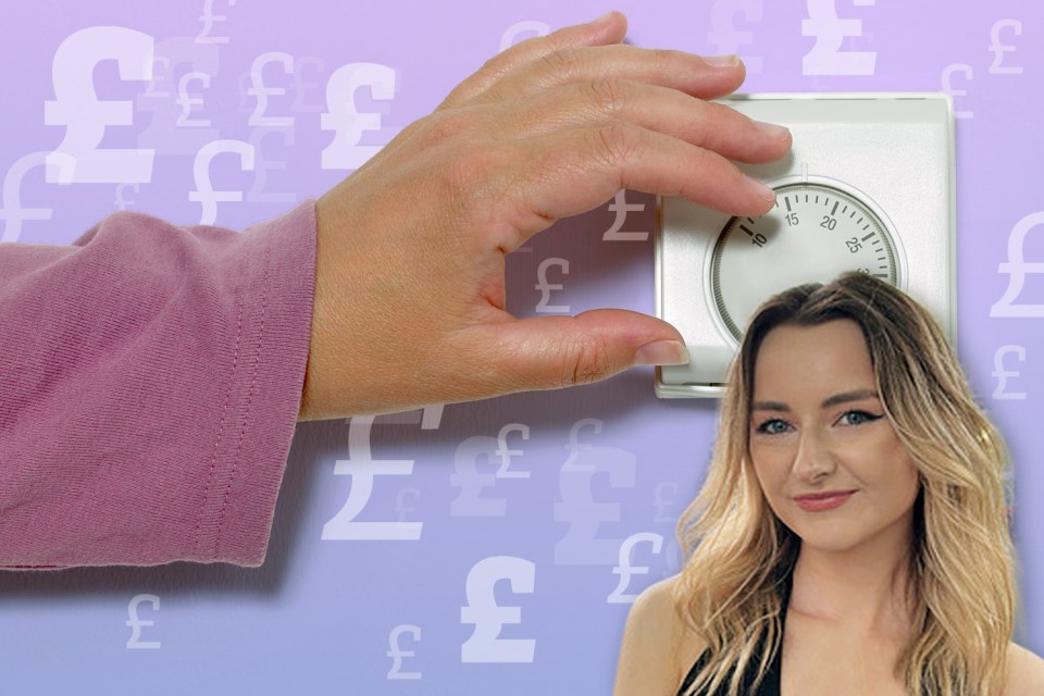 Collage of a hand adjusting a thermostat, a woman with long blonde hair, and pound sterling symbols.