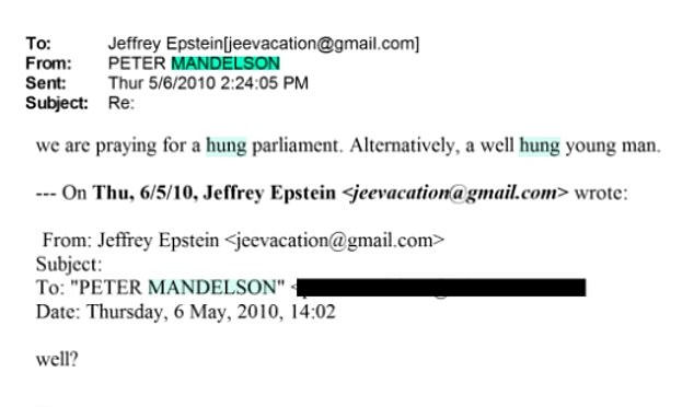Lord Mandelson told Jeffrey Epstein he was praying for a 'well hung young man' in a lewd email