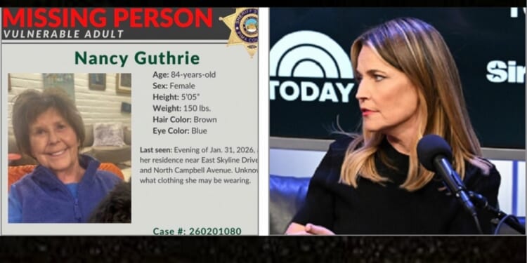 A missing persons poster, left, for Nancy Guthrie, mother of "Today" show host Savannah Guthrie, right.