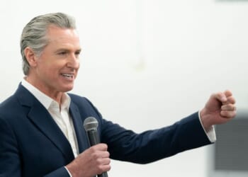 California Gov. Gavin Newsom speaks to a crowd during an event hosted by the South Carolina Democratic Party at the Carter-Sullivan American Legion on Feb. 23, 2026, in Manning, South Carolina.