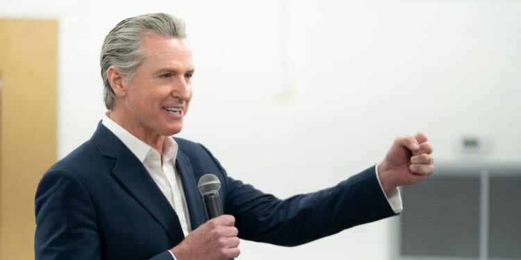 California Gov. Gavin Newsom speaks to a crowd during an event hosted by the South Carolina Democratic Party at the Carter-Sullivan American Legion on Feb. 23, 2026, in Manning, South Carolina.