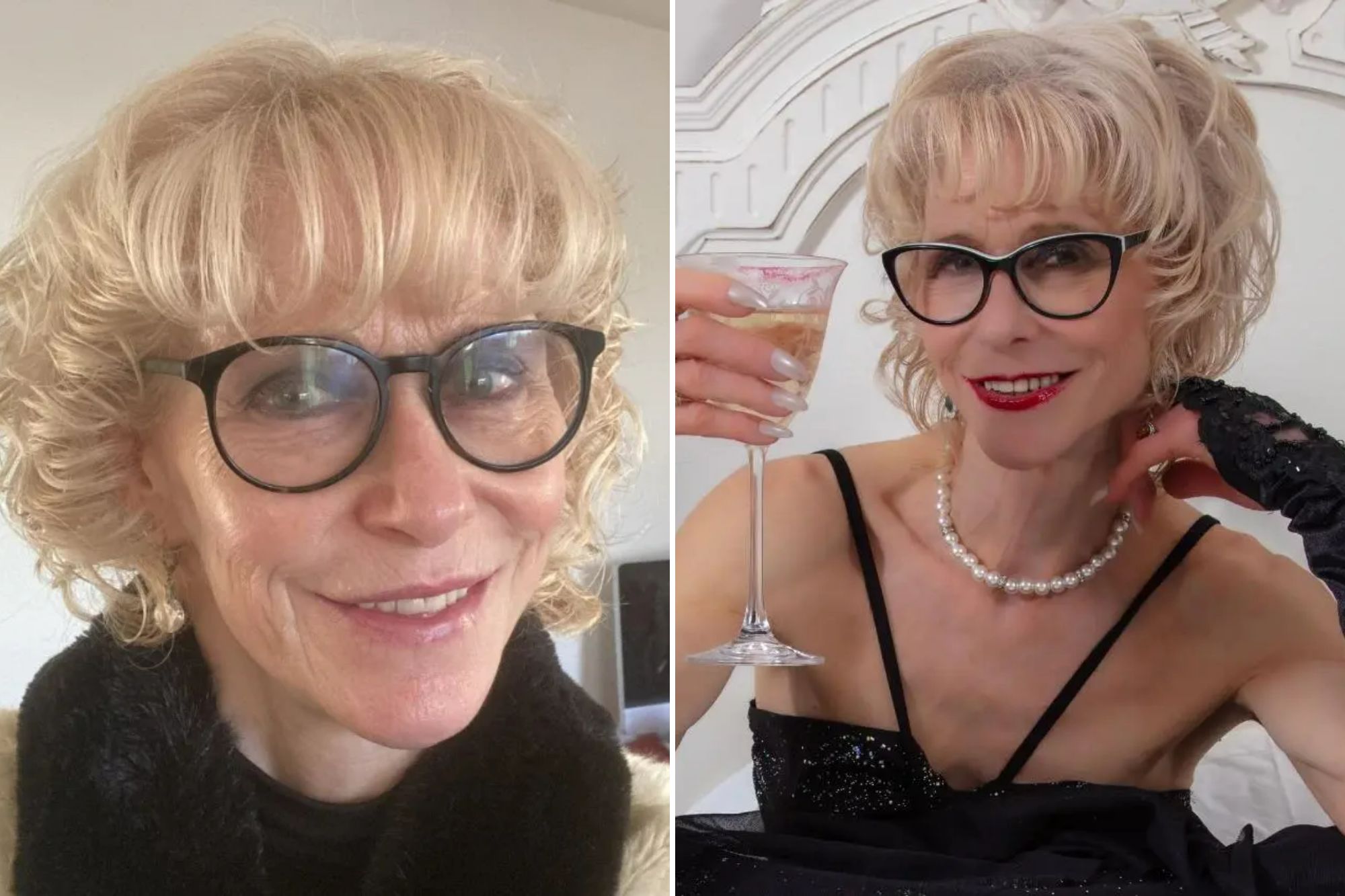 An image collage containing 2 images, Image 1 shows A smiling woman with blonde curly hair and black-rimmed glasses, Image 2 shows A woman with blonde hair wearing glasses, a black dress, a pearl necklace, and lace gloves, holding a glass of champagne