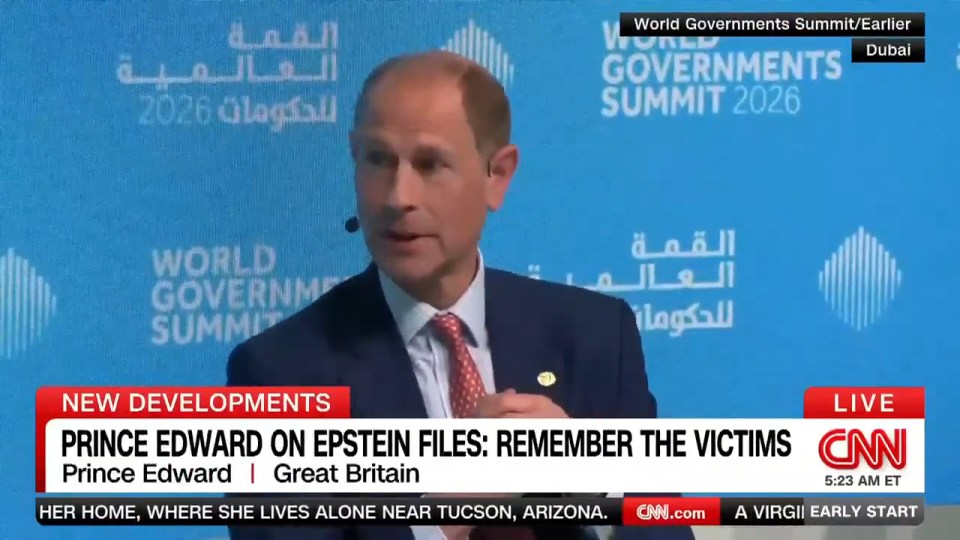 Prince Edward speaking on the Epstein files at the World Governments Summit 2026 in Dubai.