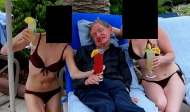Professor Stephen Hawking was seen grinning from ear to ear as he sat sandwiched between two bikini-clad women in a photo released in the Jeffrey Epstein files