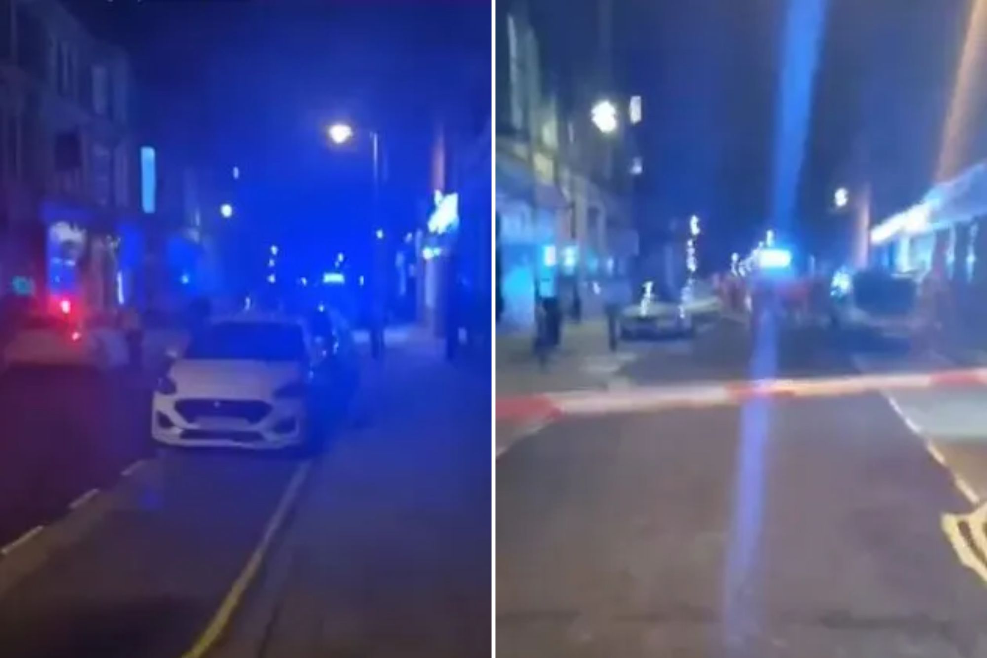 An image collage containing 2 images, Image 1 shows Nighttime street scene with flashing blue lights from emergency vehicles, suggesting an evacuation, Image 2 shows A street at night with a red and white barrier tape across the foreground, with blue emergency lights in the background