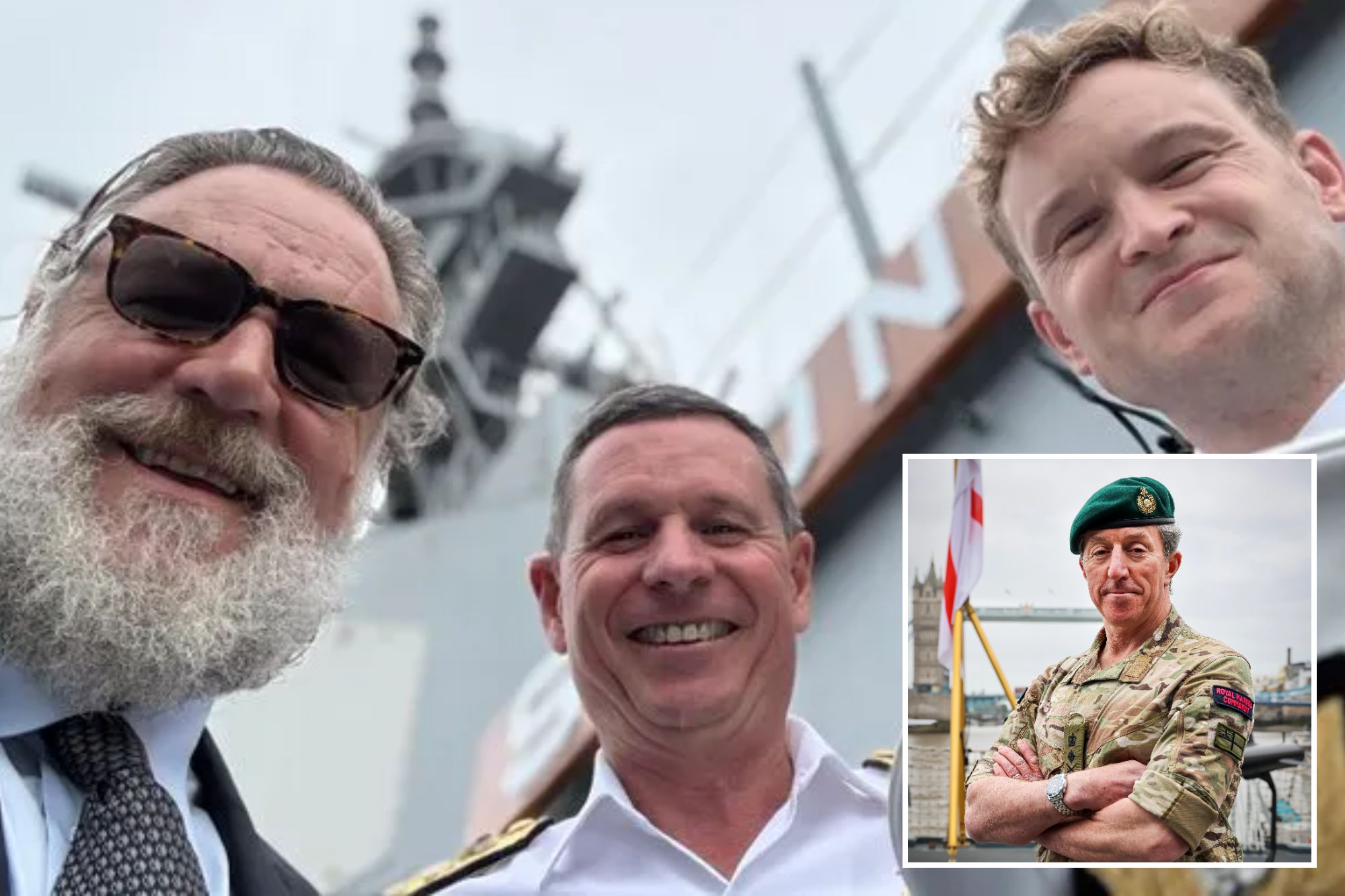 An image collage containing 2 images, Image 1 shows Russell Crowe, the head of the Royal Navy, and another man smiling for a selfie on a ship, Image 2 shows General Sir Gwyn Jenkins KCB OBE RM, First Sea Lord