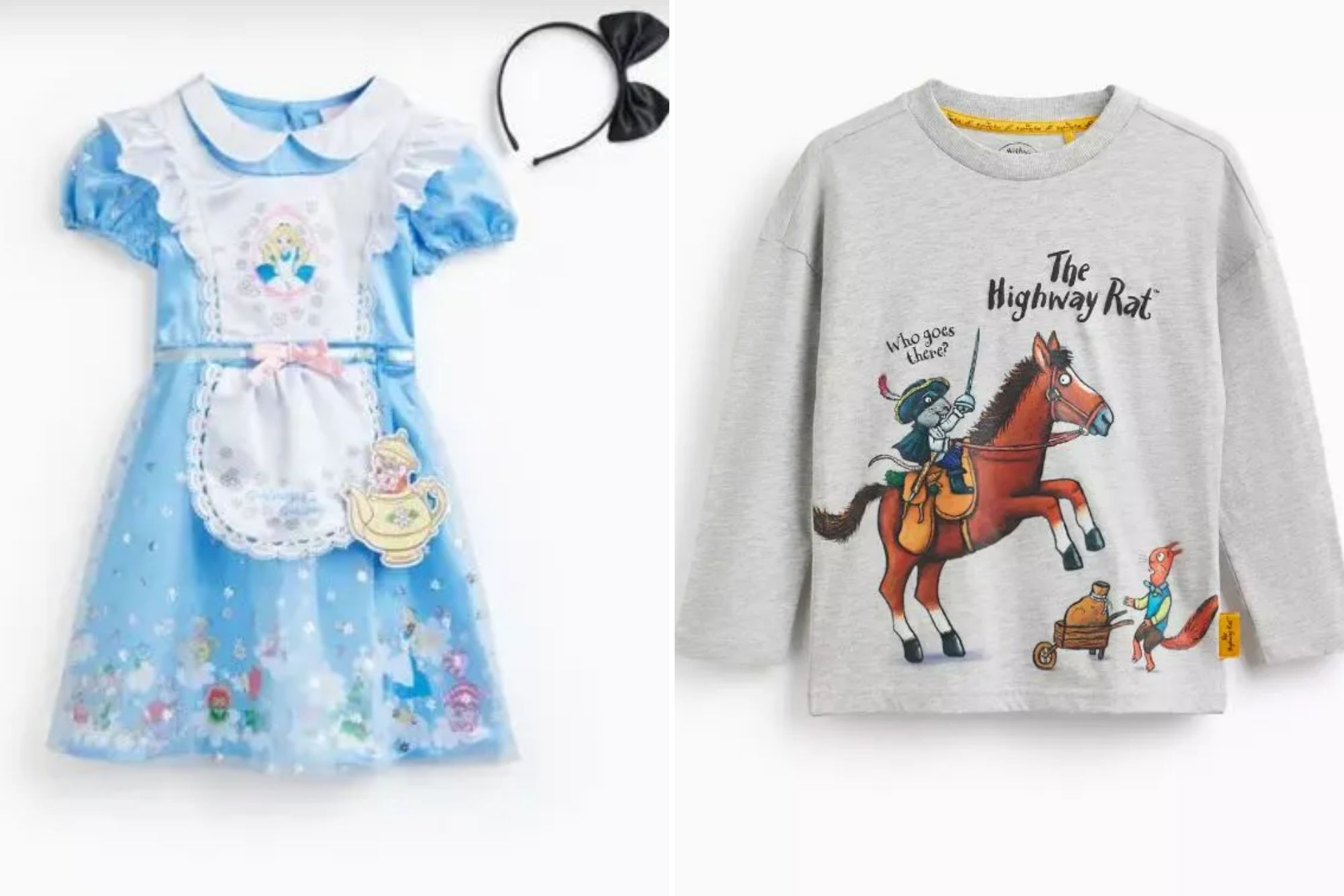 An image collage containing 2 images, Image 1 shows A mobile website displaying costumes for sale including Belle, Alice in Wonderland, The Cat in the Hat, and Mary Poppins, Image 2 shows Illustration of "The Highway Rat" on a gray long-sleeved tee