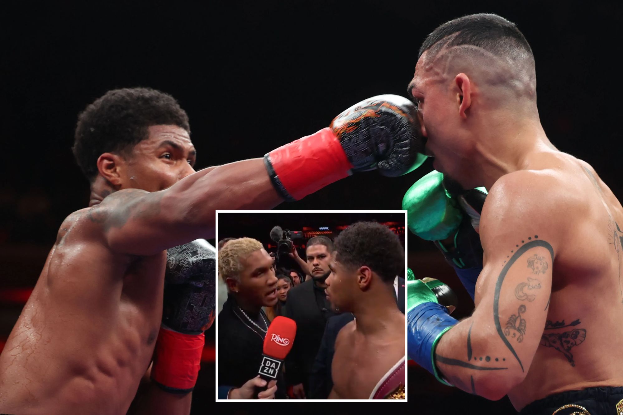 An image collage containing 2 images, Image 1 shows Shakur Stevenson lands a punch on Teofimo Lopez during a boxing match, Image 2 shows Two boxers face each other, one holding a championship belt, as a reporter holds a microphone between them