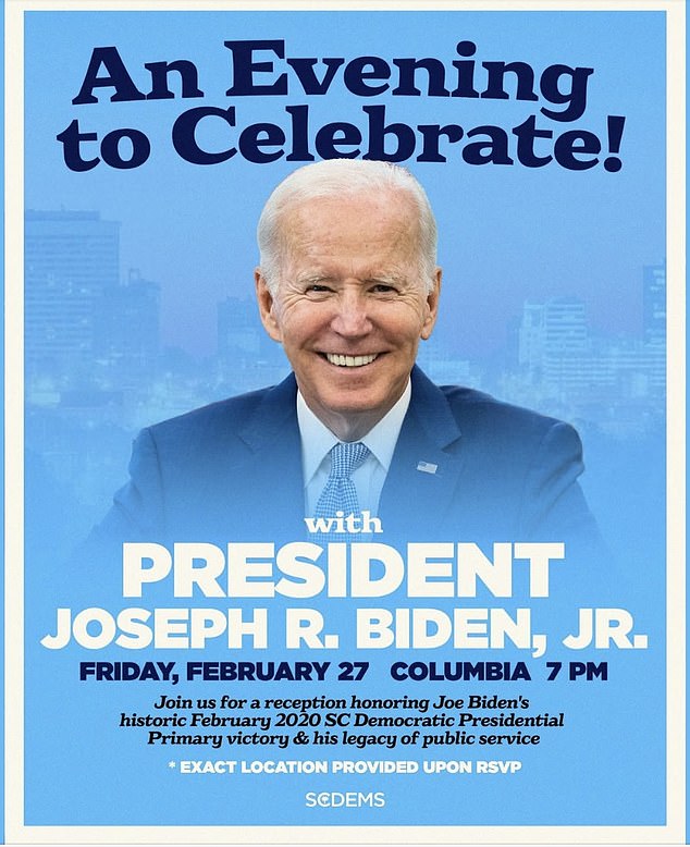 The South Carolina Democratic Party has President Joe Biden headlining an event Friday night at 7 p.m. in Columbia, South Carolina. Biden flew commercial to Columbia Friday morning when he was confronted over the war in Gaza
