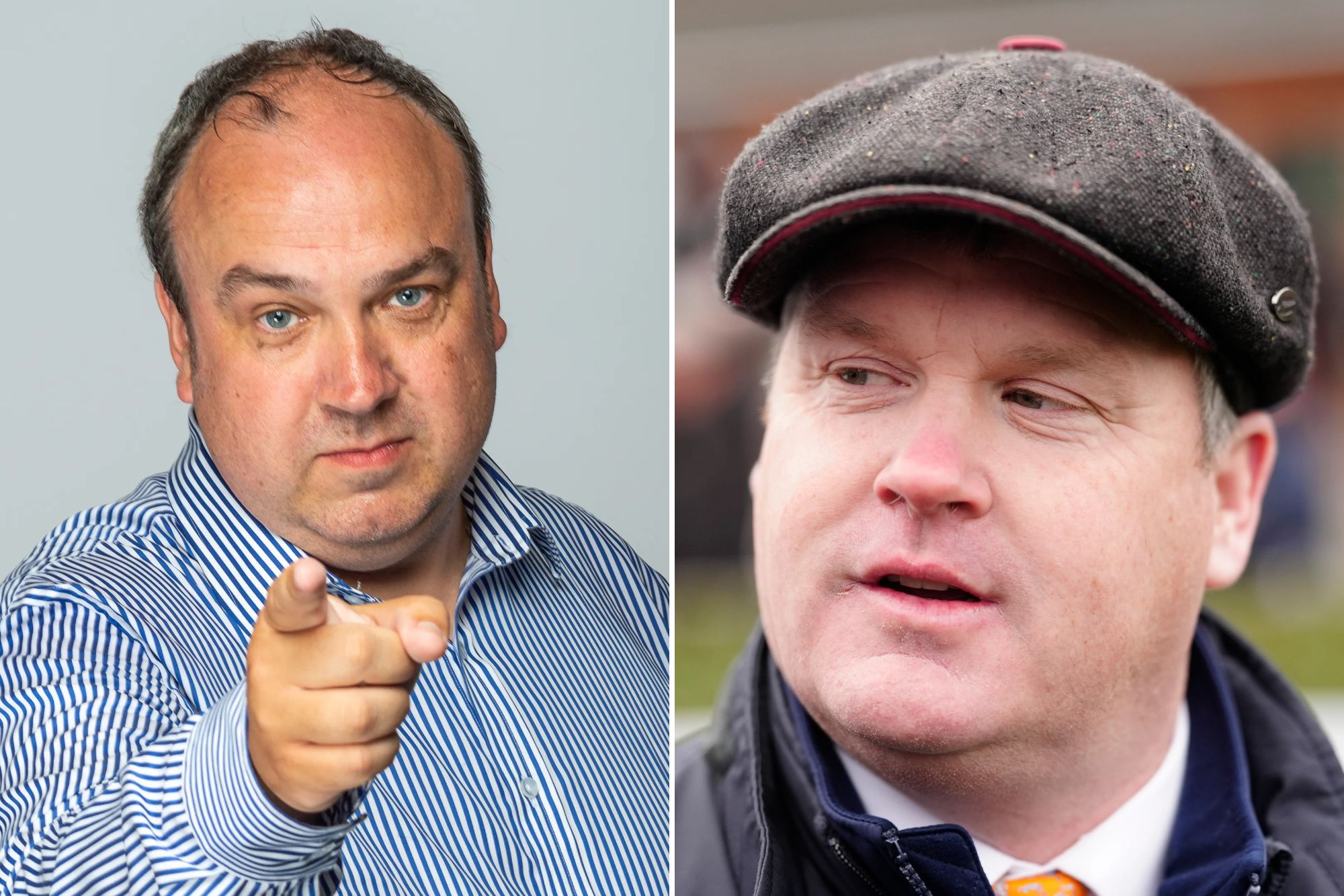 An image collage containing 2 images, Image 1 shows Steve Mullen pointing directly at the viewer, Image 2 shows A man wearing a grey flat cap with red trim, looking to the side