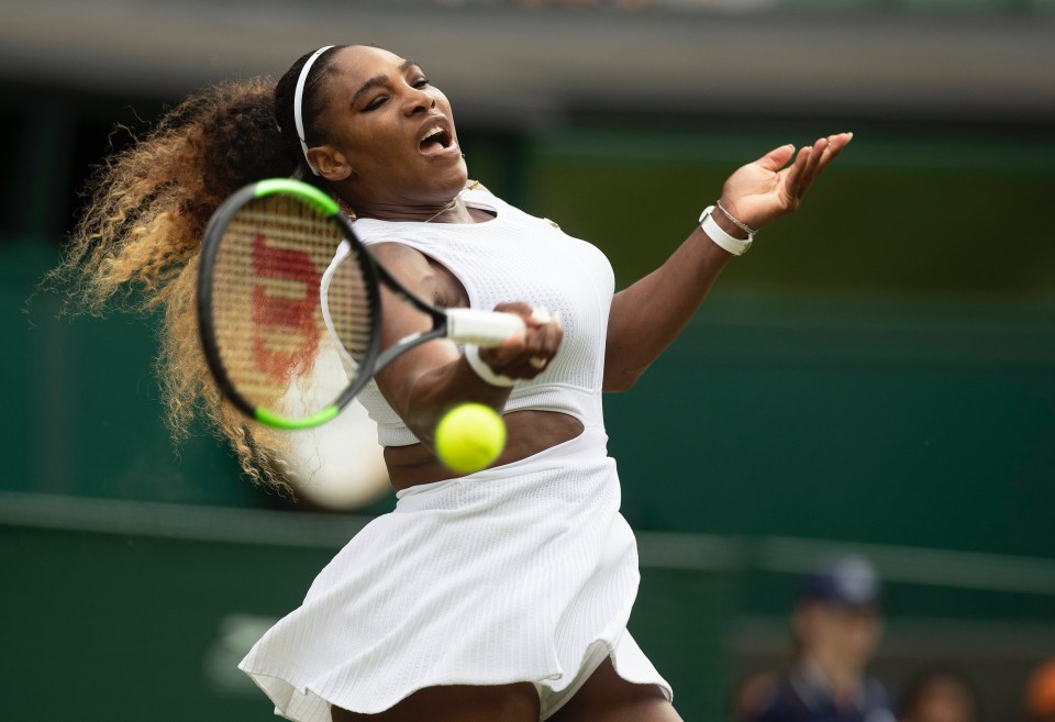 Serena Williams hitting a forehand at Wimbledon 2019.