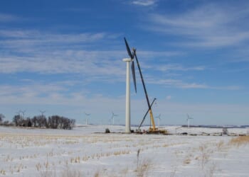 A wind turbine is repaired in Minnesota.